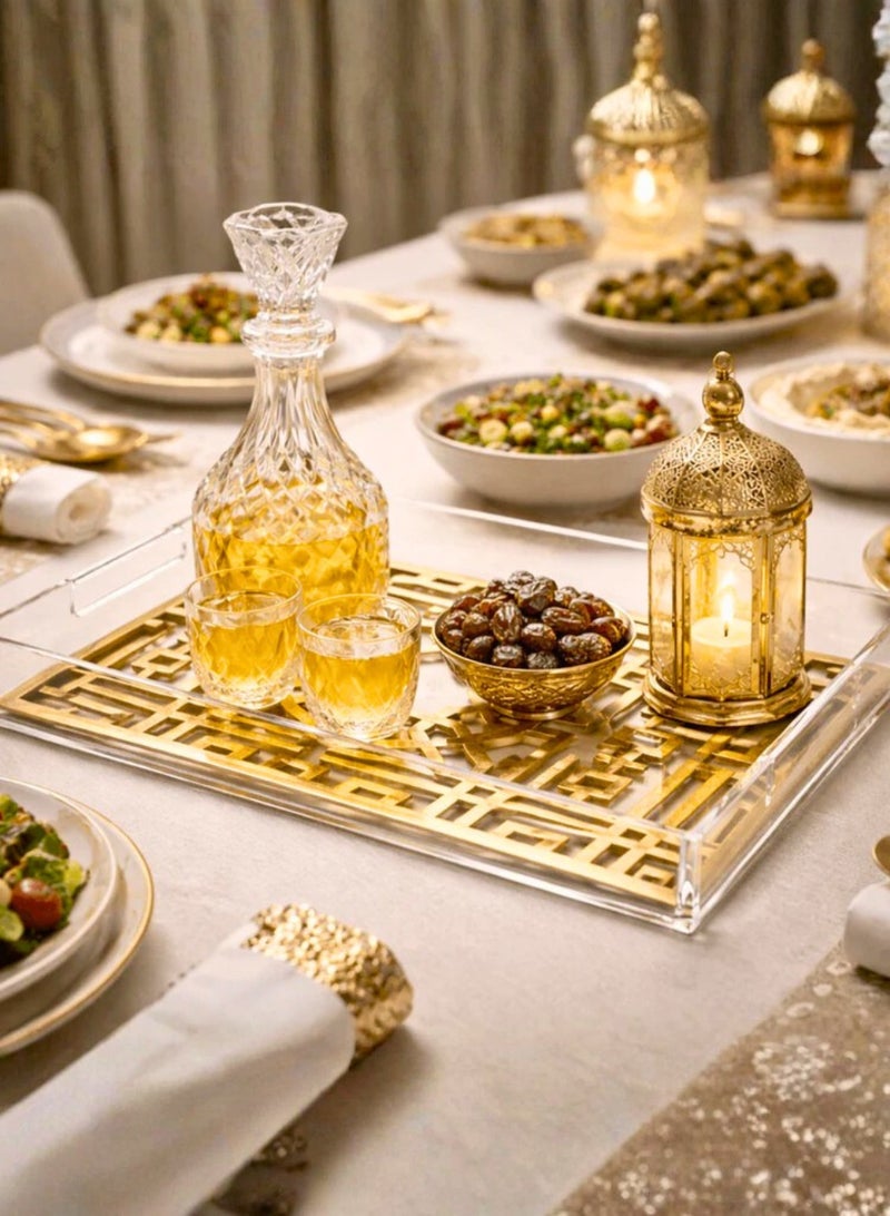 تريدجيت صينية تقديم رمضانية فاخرة من الأكريليك - صواني عيد مميزة بتصميم هندسي إسلامي، صينية شفافة أنيقة لبوفيهات الإفطار والتمر والقهوة - ديكور منزلي - Image 2